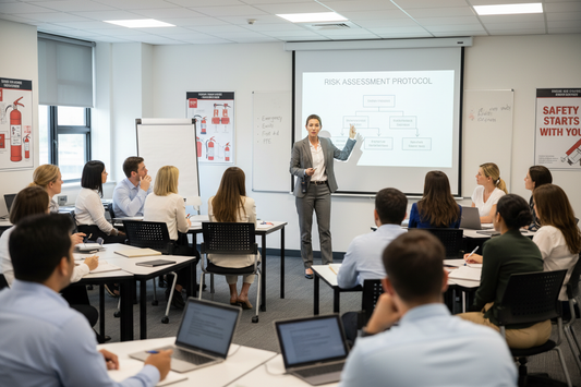 formatore sicurezza che parla davanti ad aula 